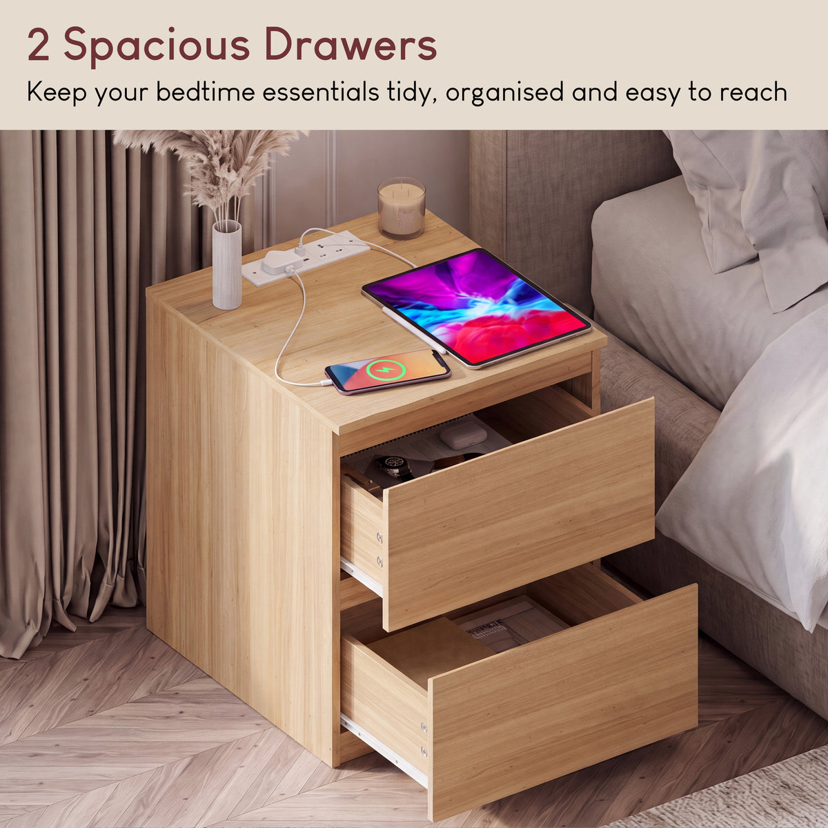 Denver 2 Drawer large Bedside Chest Table, pine, with Power Outlet for bedroom Storage, Set