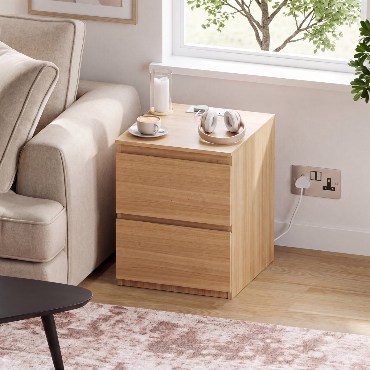 Denver 2 Drawer large Bedside Chest Table, pine, with Power Outlet for bedroom Storage, Set