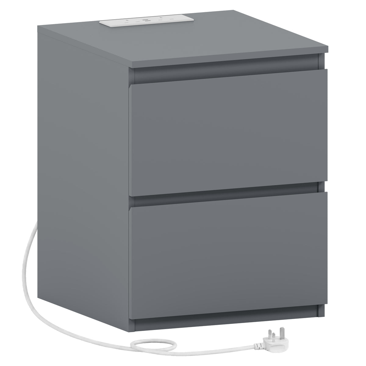 Denver 2 Drawer large Bedside Chest Table, grey, with Power Outlet for bedroom storage