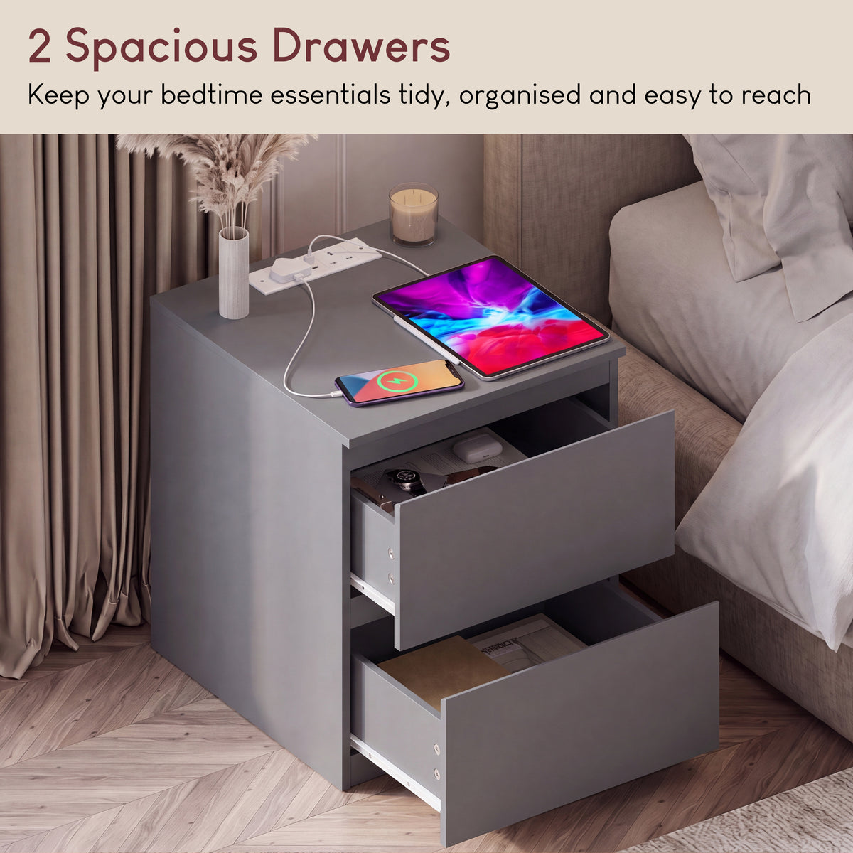 Denver 2 Drawer Large Bedside Chest Table with Power Outlet, Set of 2, Grey