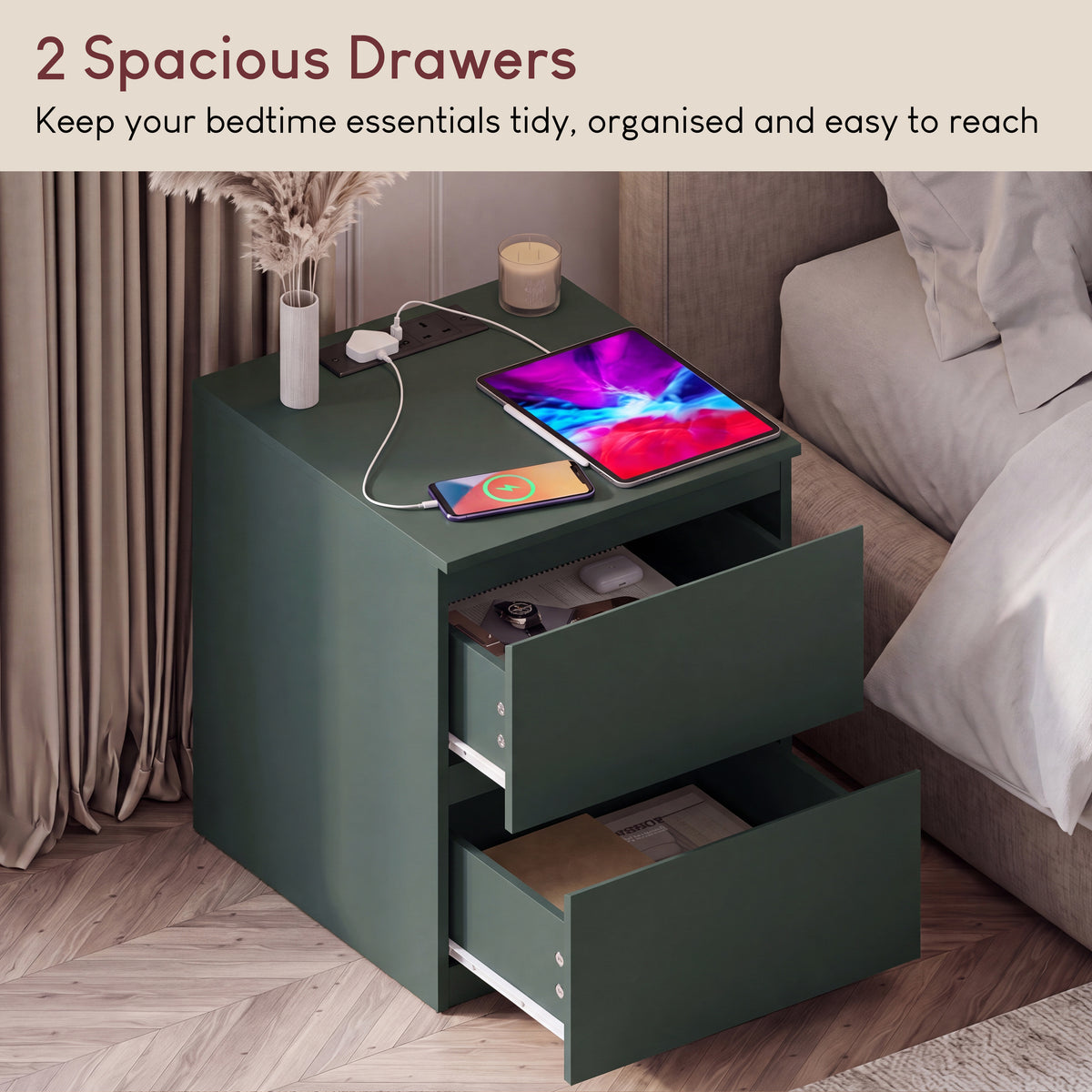 Denver 2 Drawer large Bedside Chest Table, Green, with Power Outlet for bedroom Storage, Set