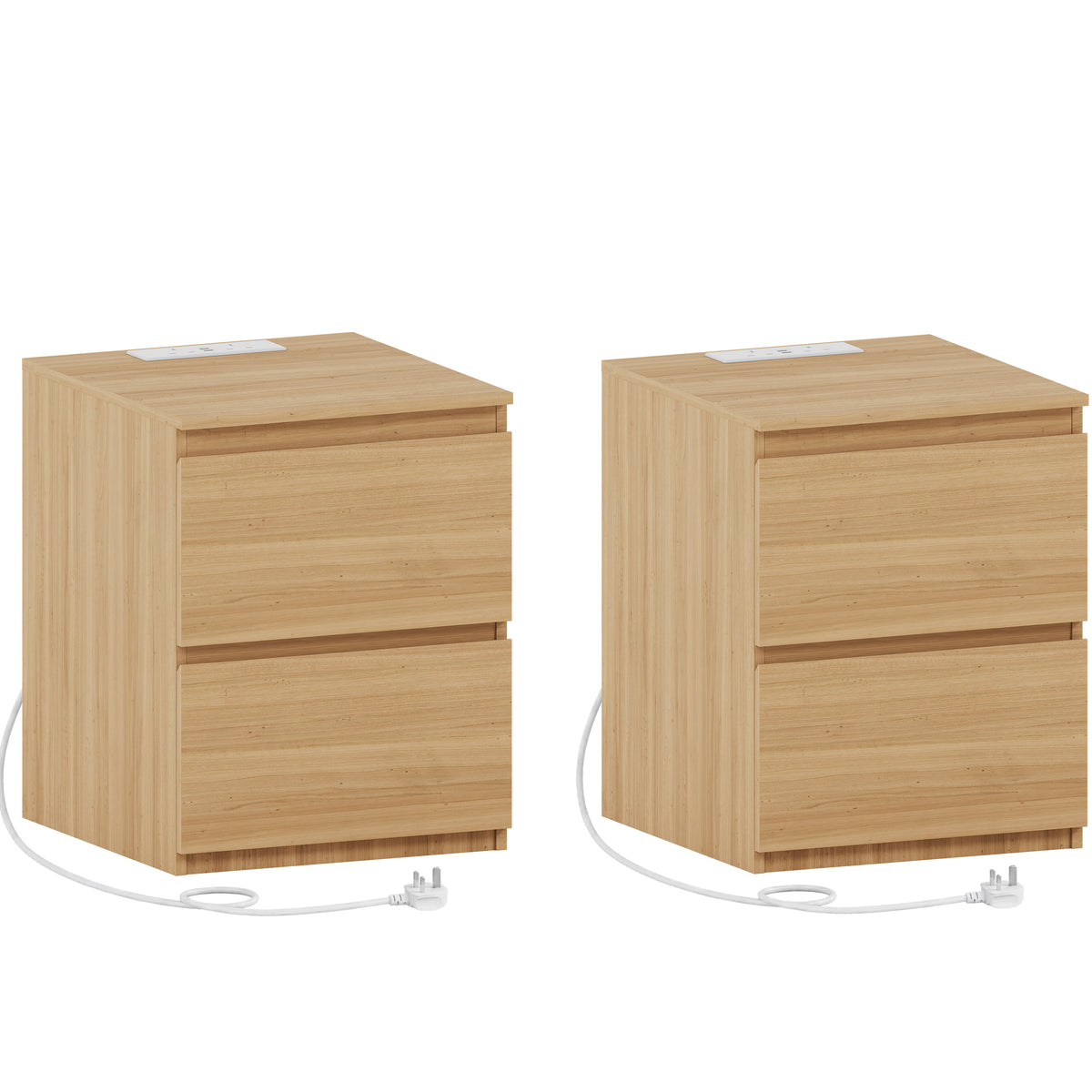 Denver 2 Drawer large Bedside Chest Table, pine, with Power Outlet for bedroom Storage, Set