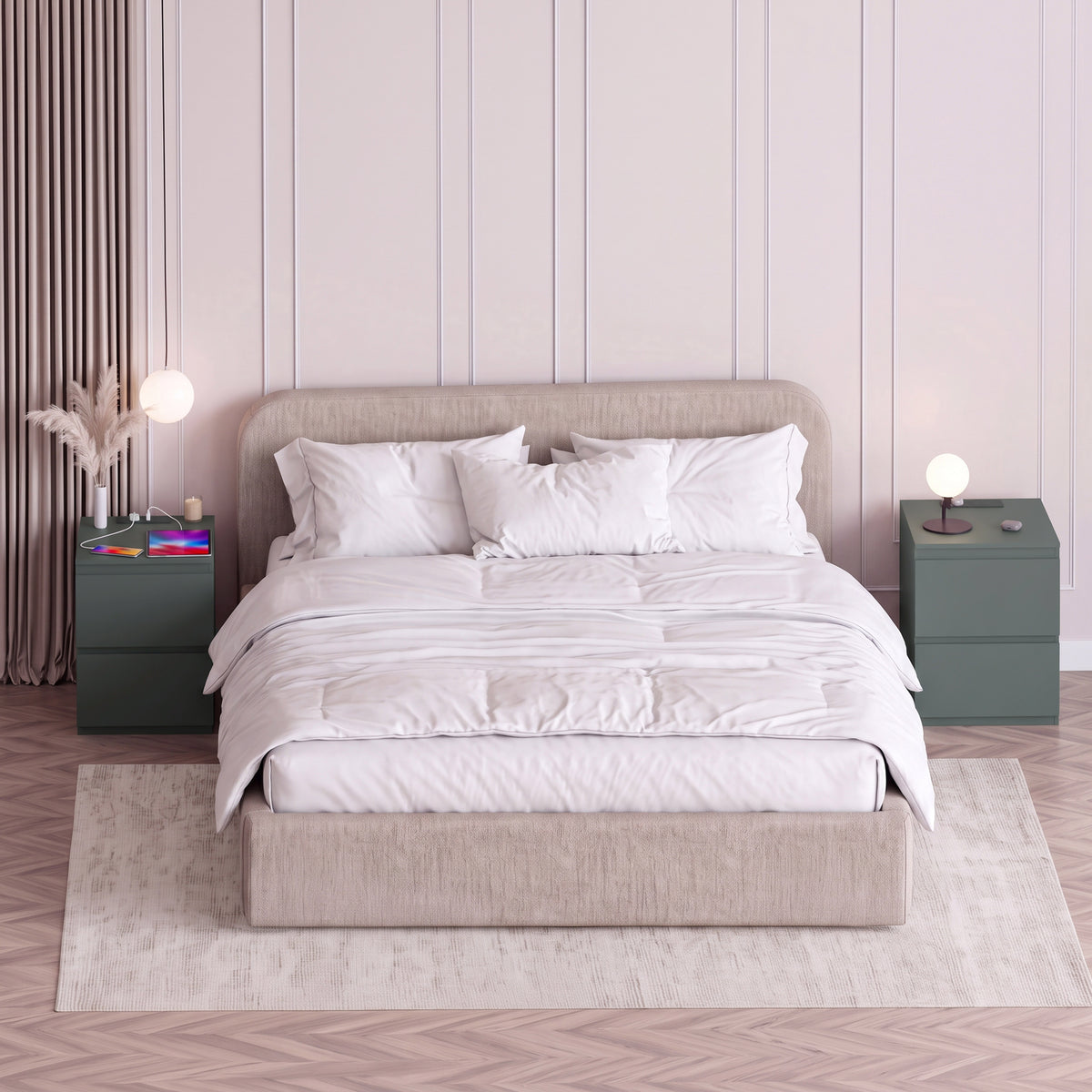 Denver 2 Drawer large Bedside Chest Table, Green, with Power Outlet for bedroom Storage, Set
