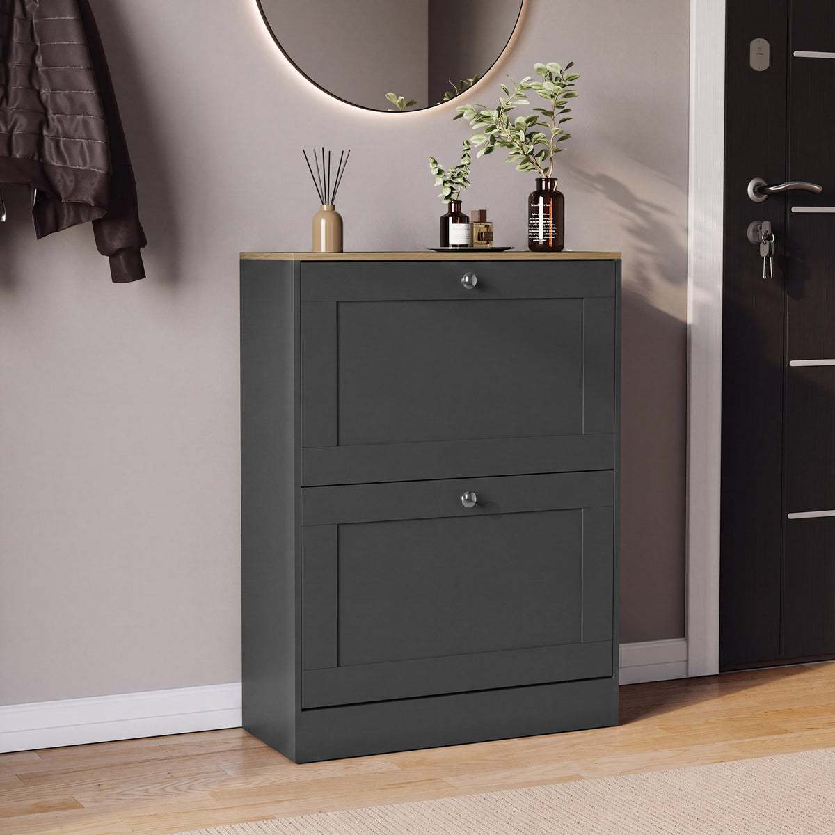 2 Drawer Shoe Cabinet, Charcoal Grey & Oak