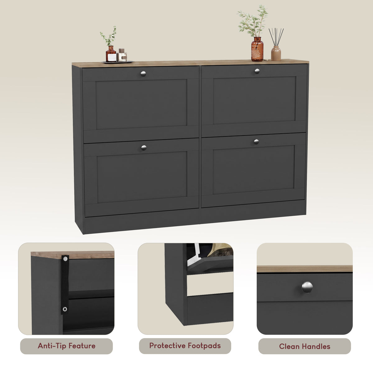4 Drawer Shoe Cabinet, Charcoal Grey & Oak