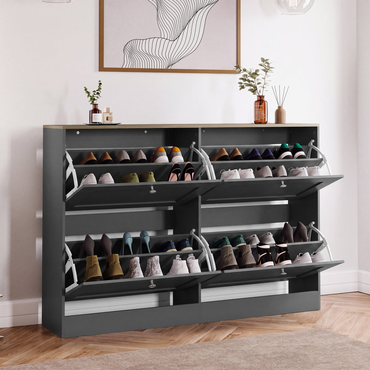 4 Drawer Shoe Cabinet, Charcoal Grey & Oak
