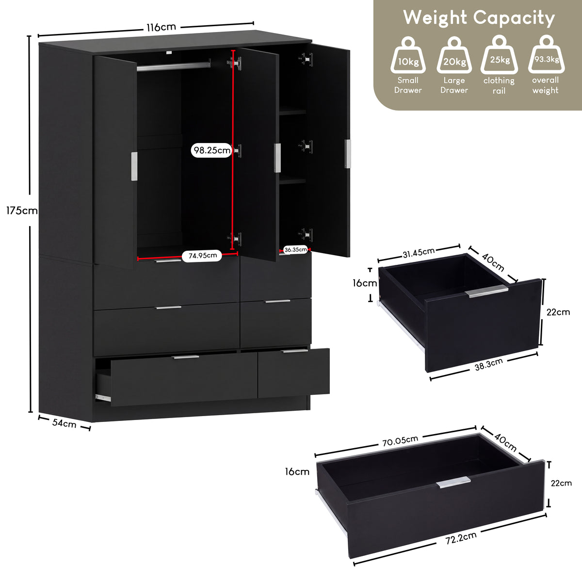 Trega 3 Door 6 Drawer Wardrobe, Black