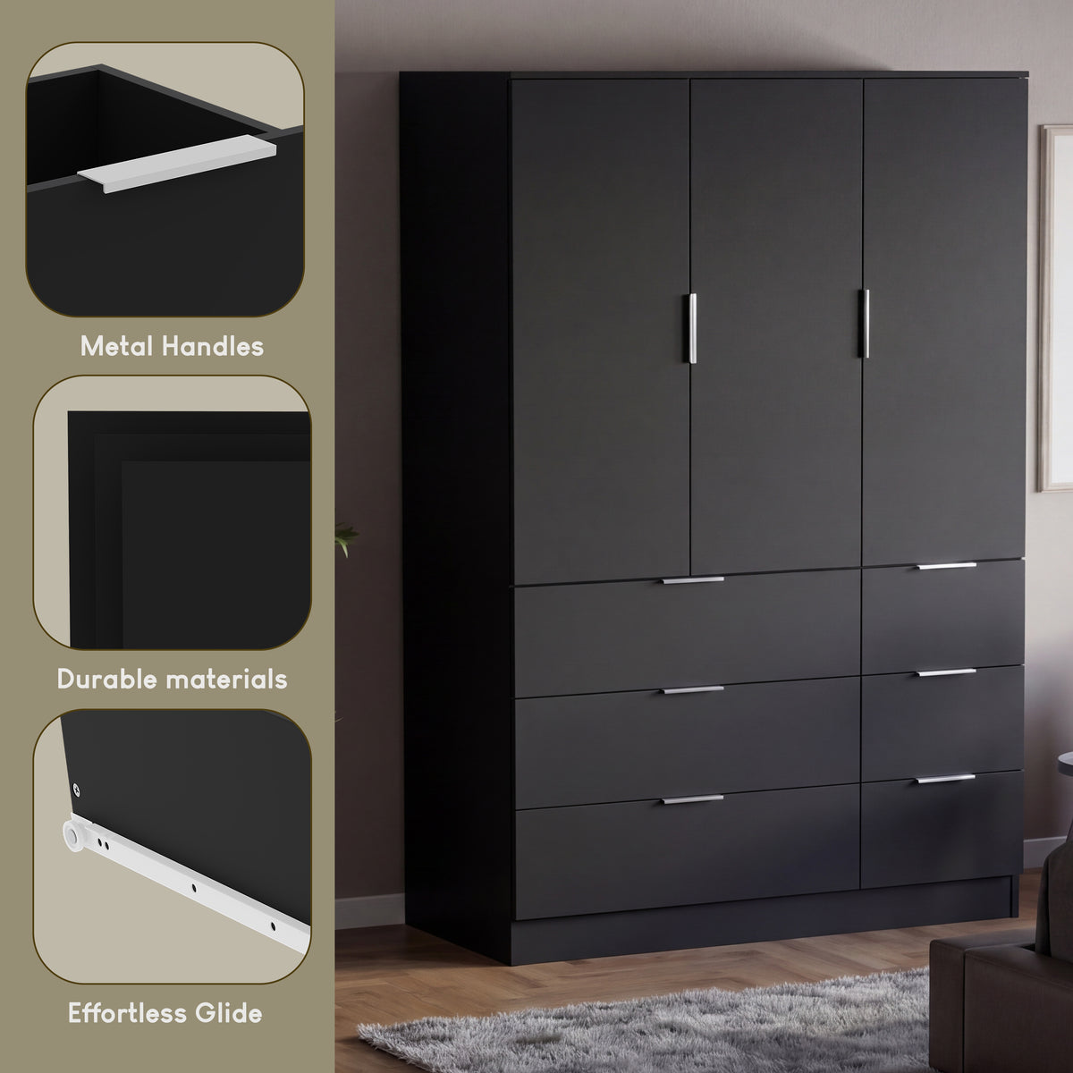 Trega 3 Door 6 Drawer Wardrobe, Black