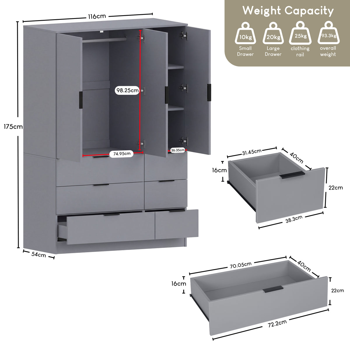 Trega 3 Door 6 Drawer Wardrobe, Grey