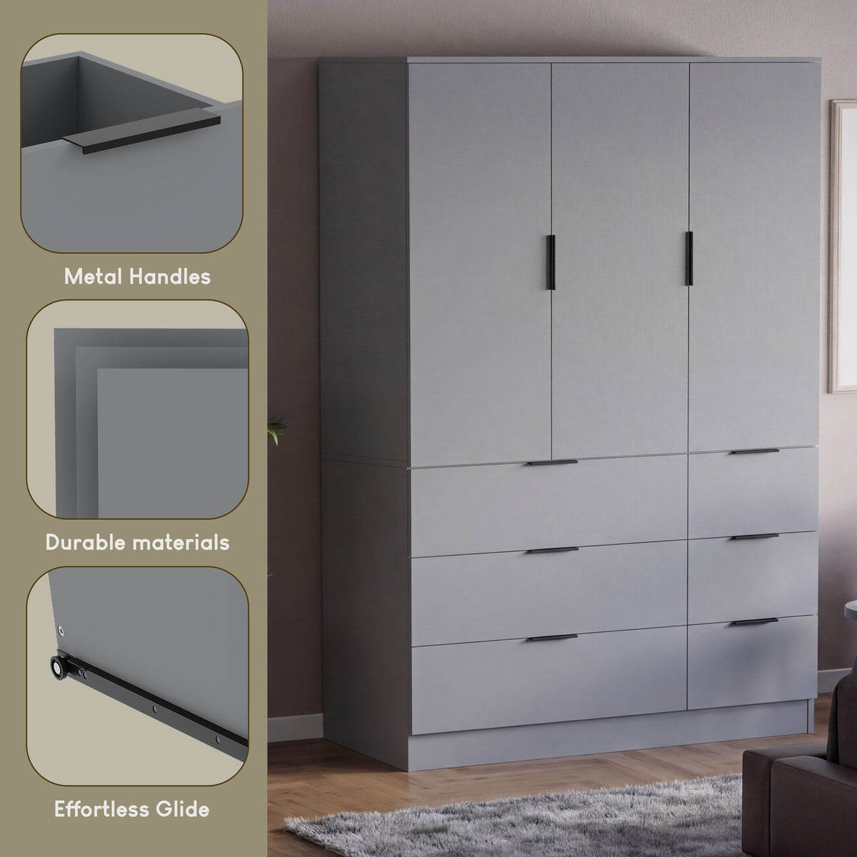 Trega 3 Door 6 Drawer Wardrobe, Grey
