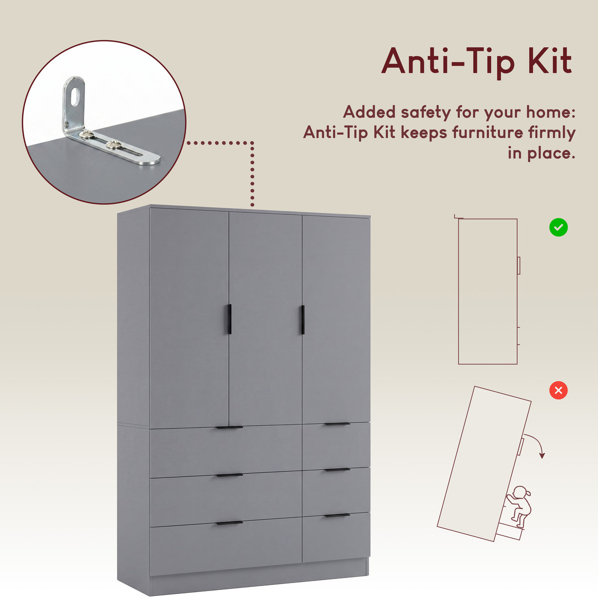 Trega 3 Door 6 Drawer Wardrobe, Grey