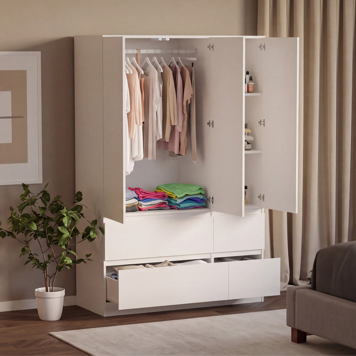 Denver 3 Door 4 Drawer Wardrobe, White
