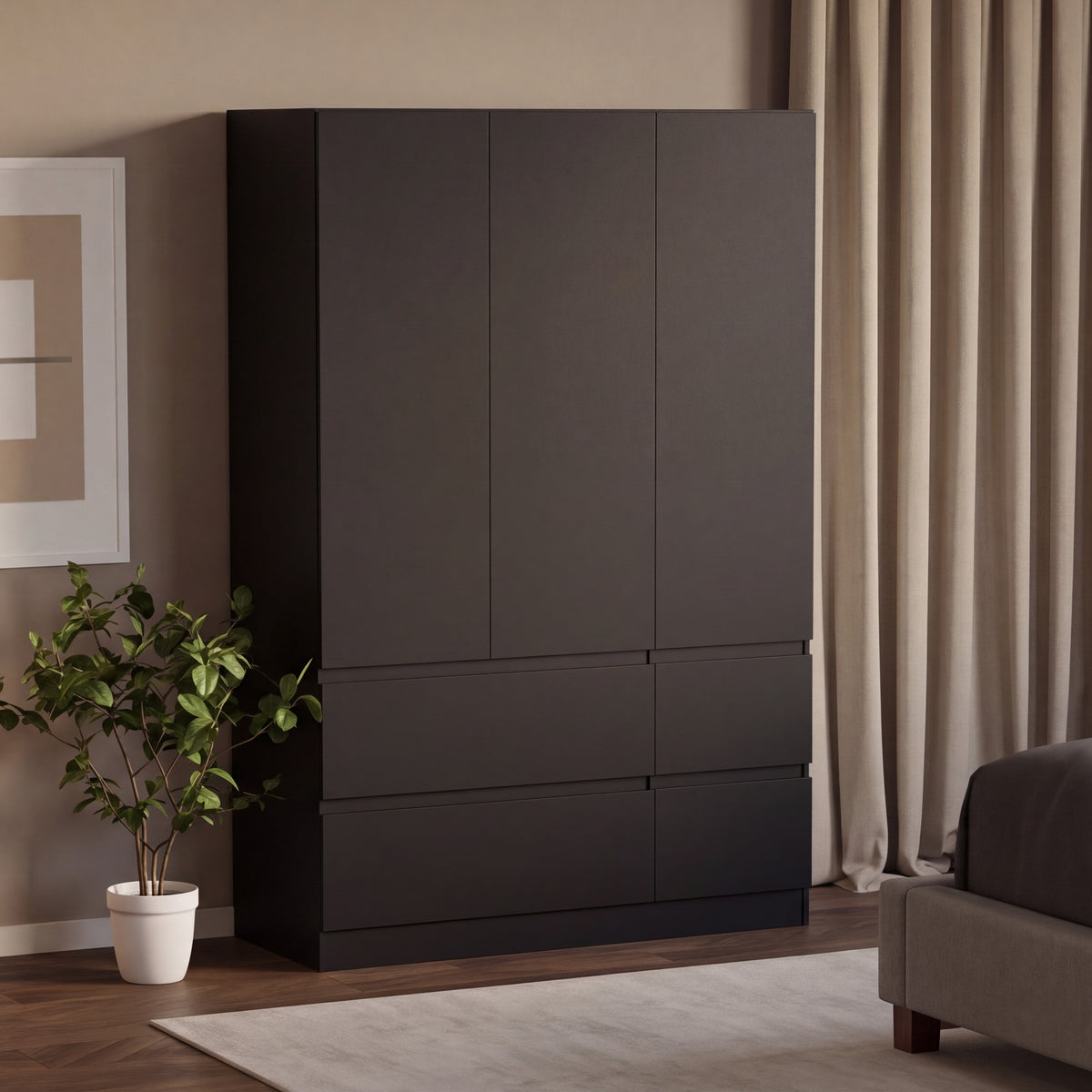 Denver 3 Door 4 Drawer Wardrobe, Black