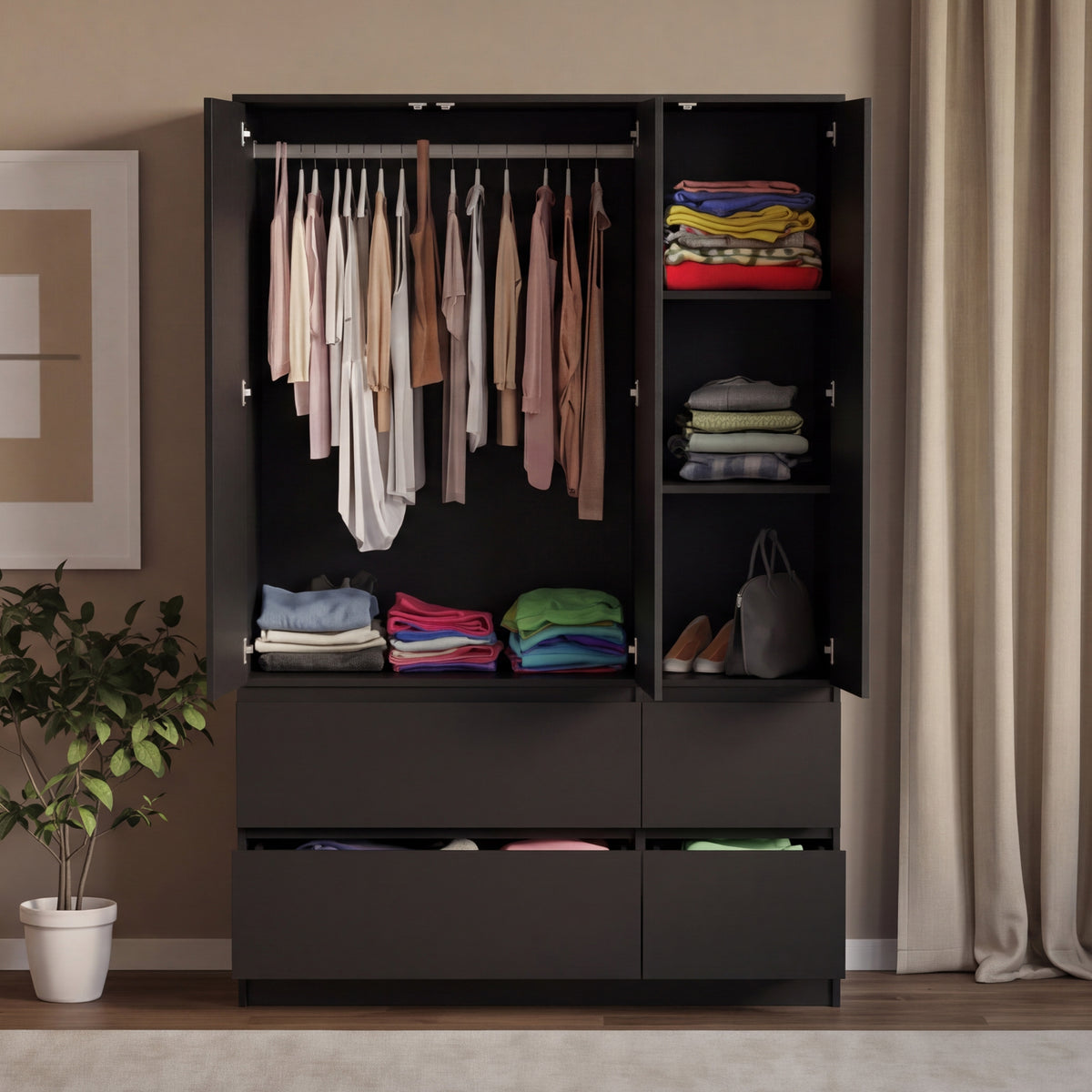 Denver 3 Door 4 Drawer Wardrobe, Black