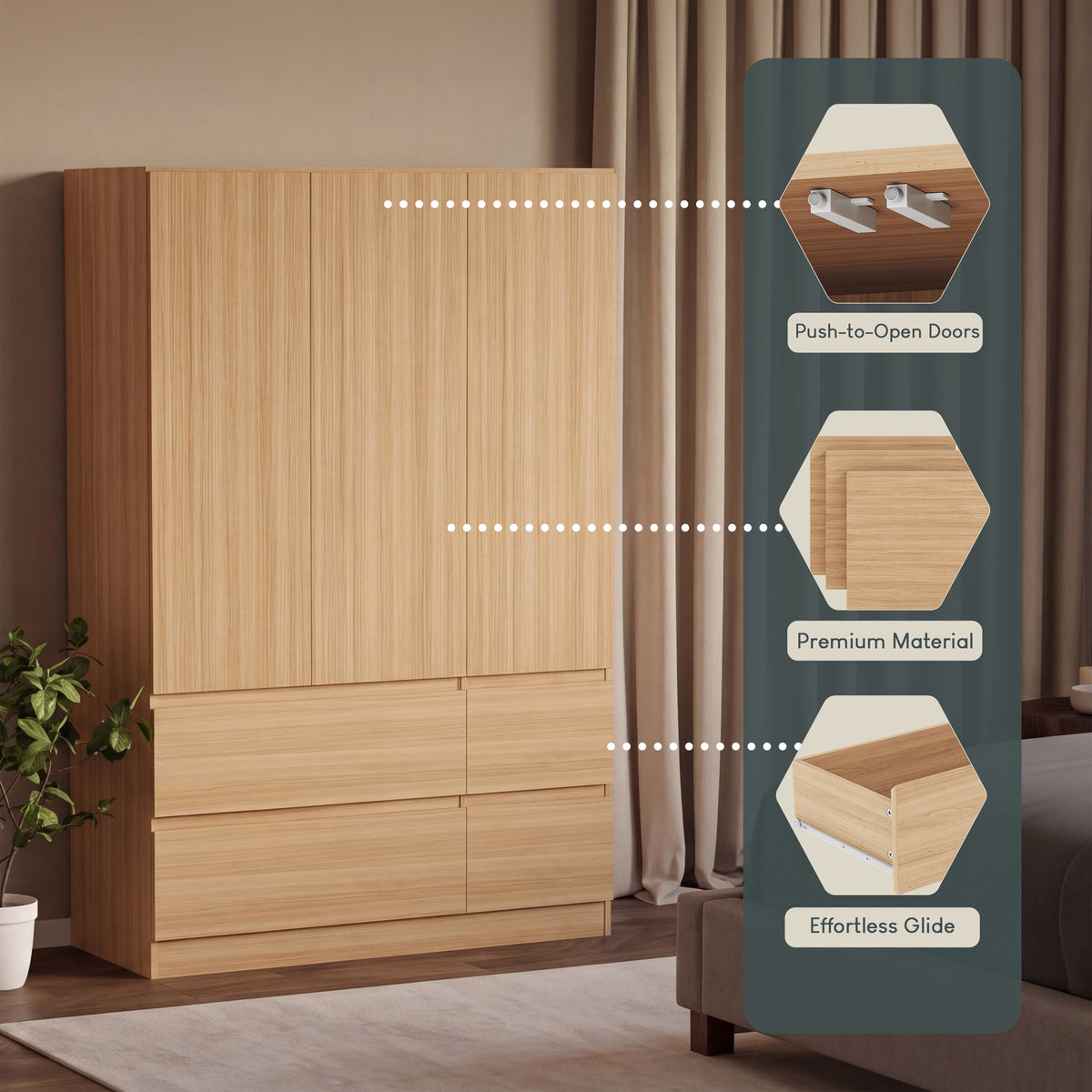 Denver 3 Door 4 Drawer Wardrobe, Pine