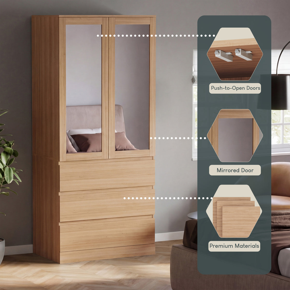 Denver 2 Door 3 Drawer Mirrored Wardrobe, Pine