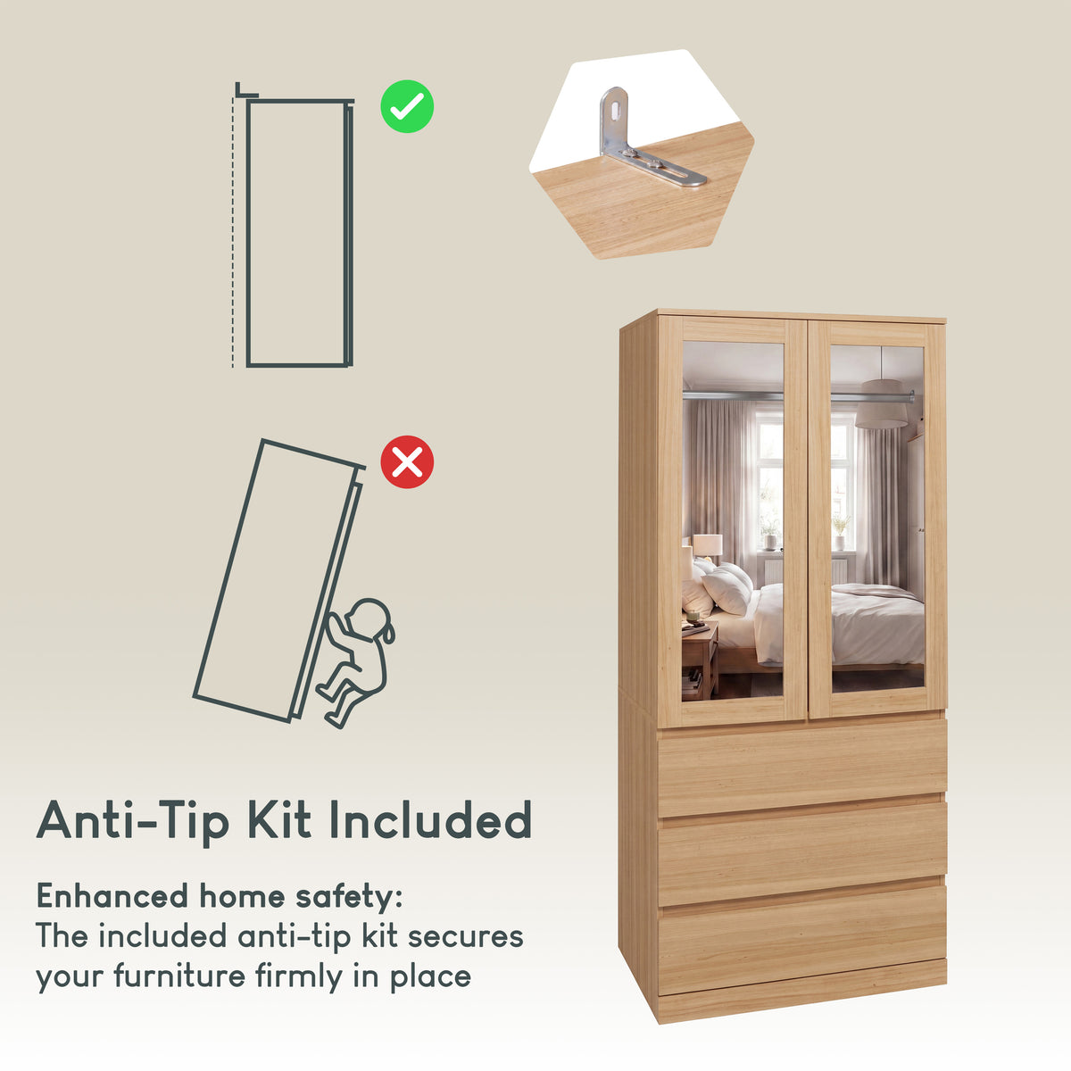 Denver 2 Door 3 Drawer Mirrored Wardrobe, Pine