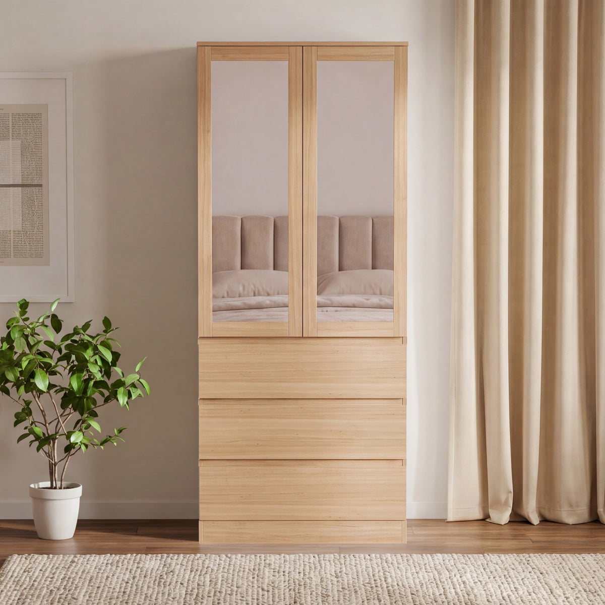 Denver 2 Door 3 Drawer Mirrored Wardrobe, Pine