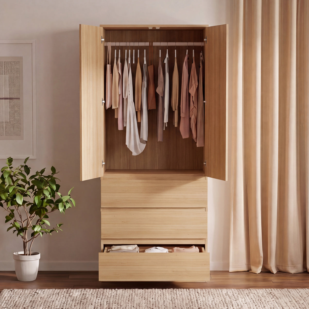 Denver 2 Door 3 Drawer Mirrored Wardrobe, Pine