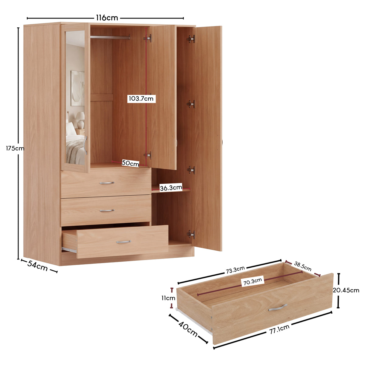 Riano 3 Door 3 Drawer Mirrored Wardrobe, Pine