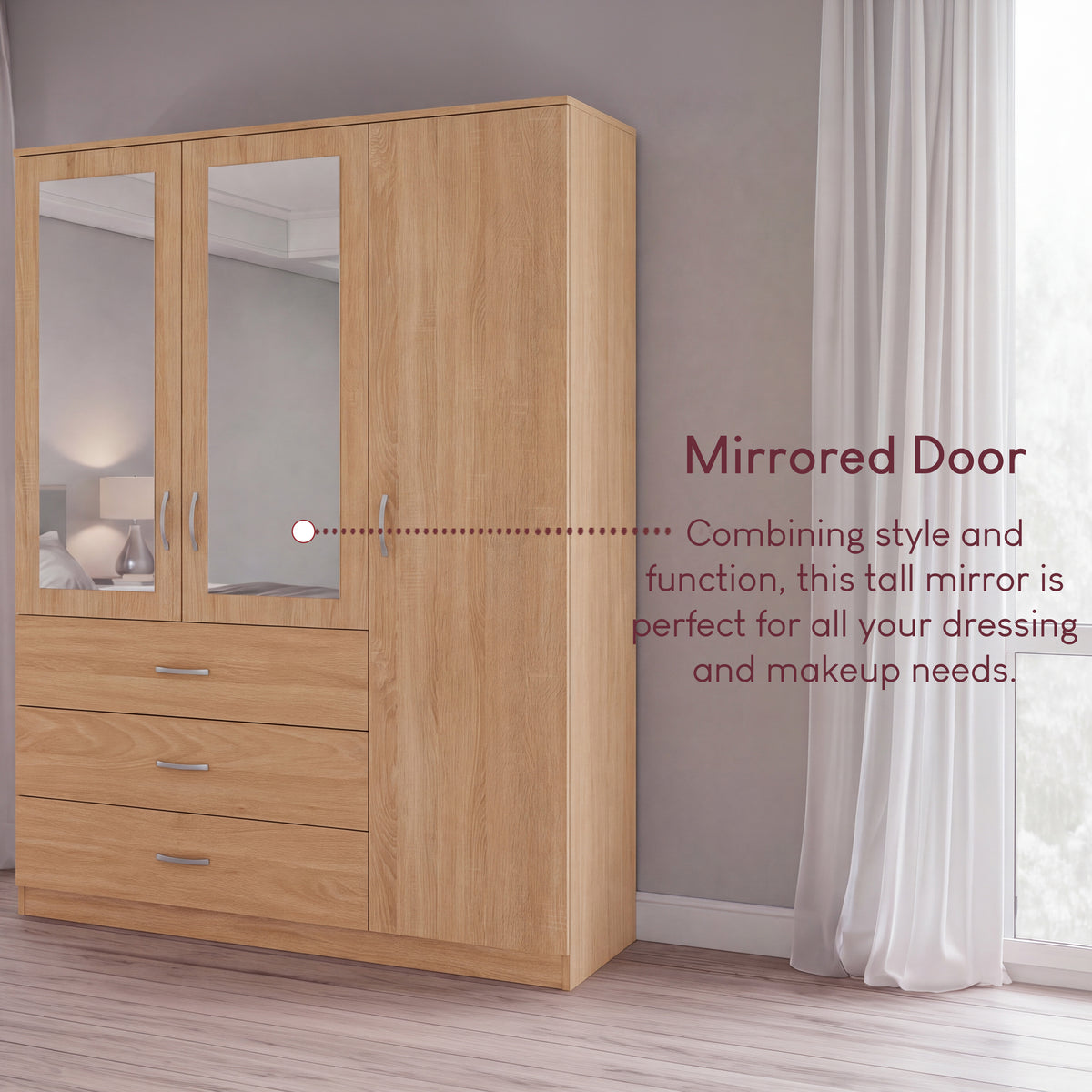 Riano 3 Door 3 Drawer Mirrored Wardrobe, Pine