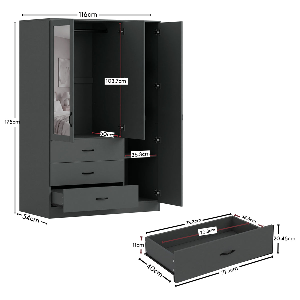 Riano 3 Door 3 Drawer Mirrored Wardrobe, Green