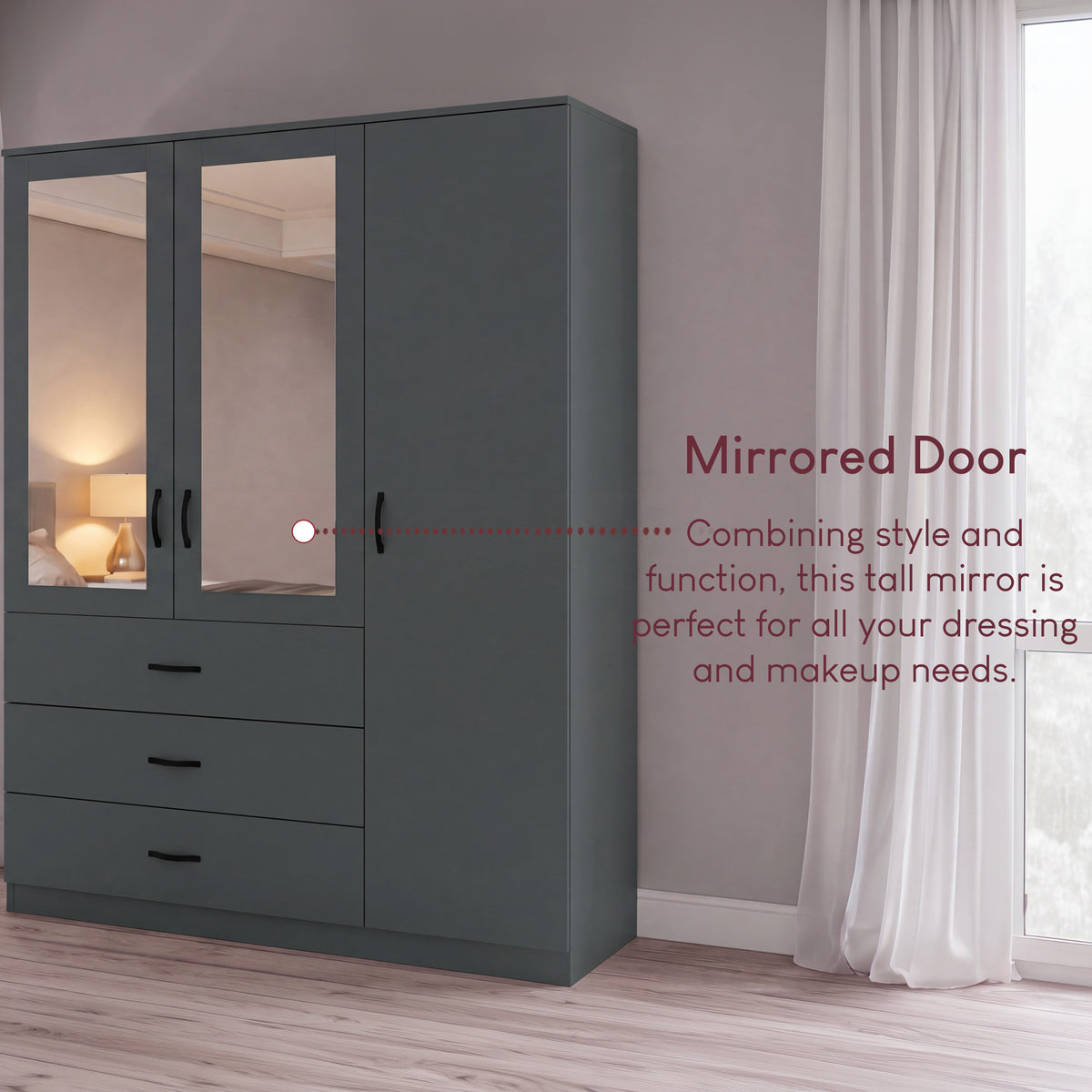 Riano 3 Door 3 Drawer Mirrored Wardrobe, Green