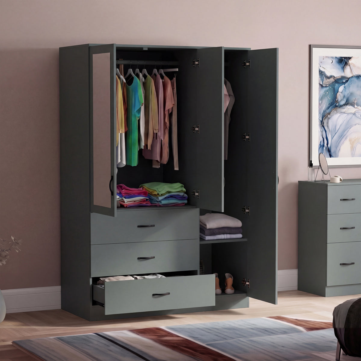 Riano 3 Door 3 Drawer Mirrored Wardrobe, Green