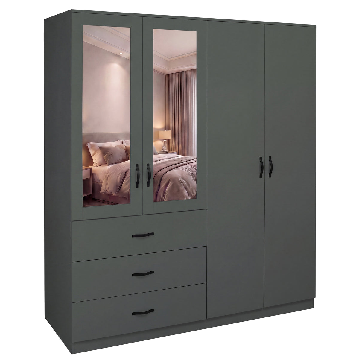 Riano 4 Door 3 Drawer Mirrored Wardrobe – Green