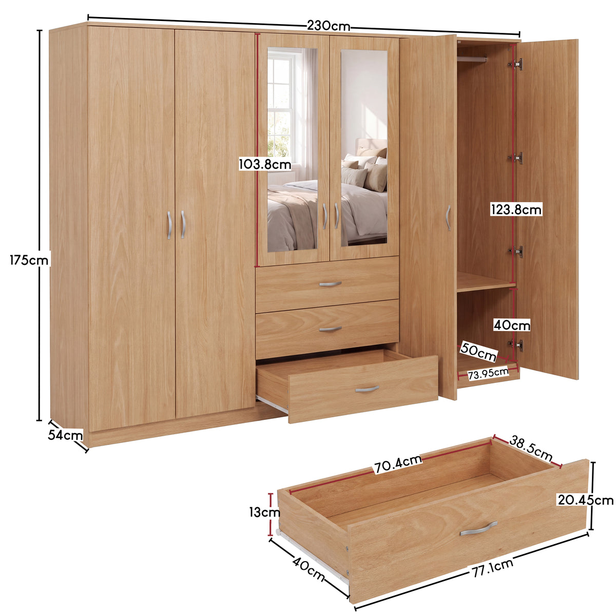 Riano 6 Door 3 Drawer Mirrored Wardrobe, Pine