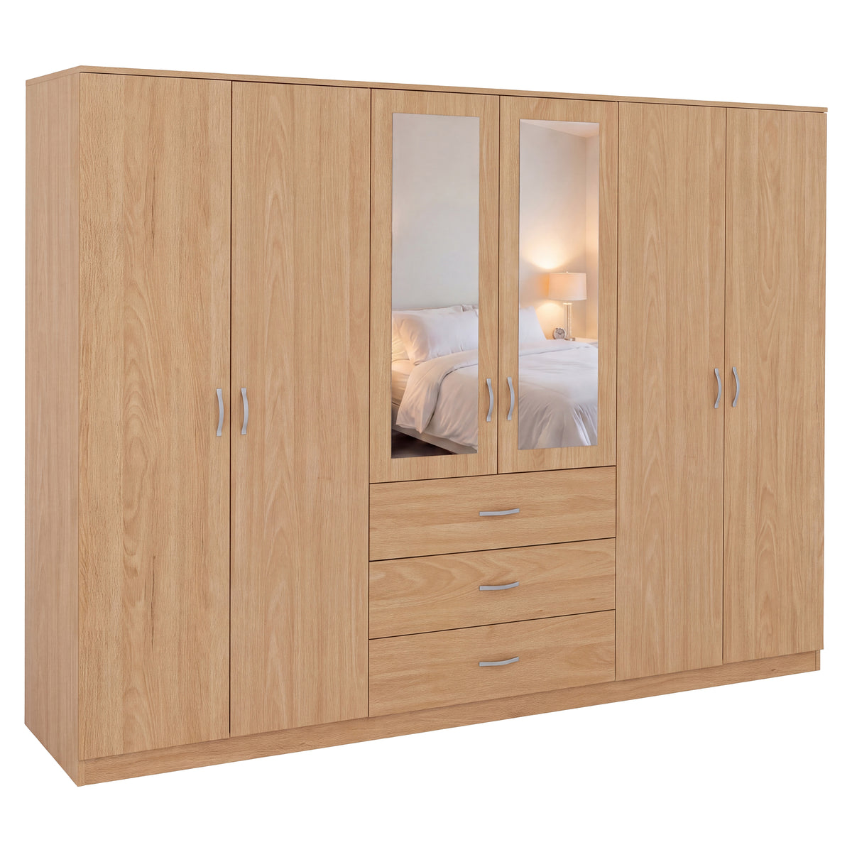 Riano 6 Door 3 Drawer Mirrored Wardrobe, Pine