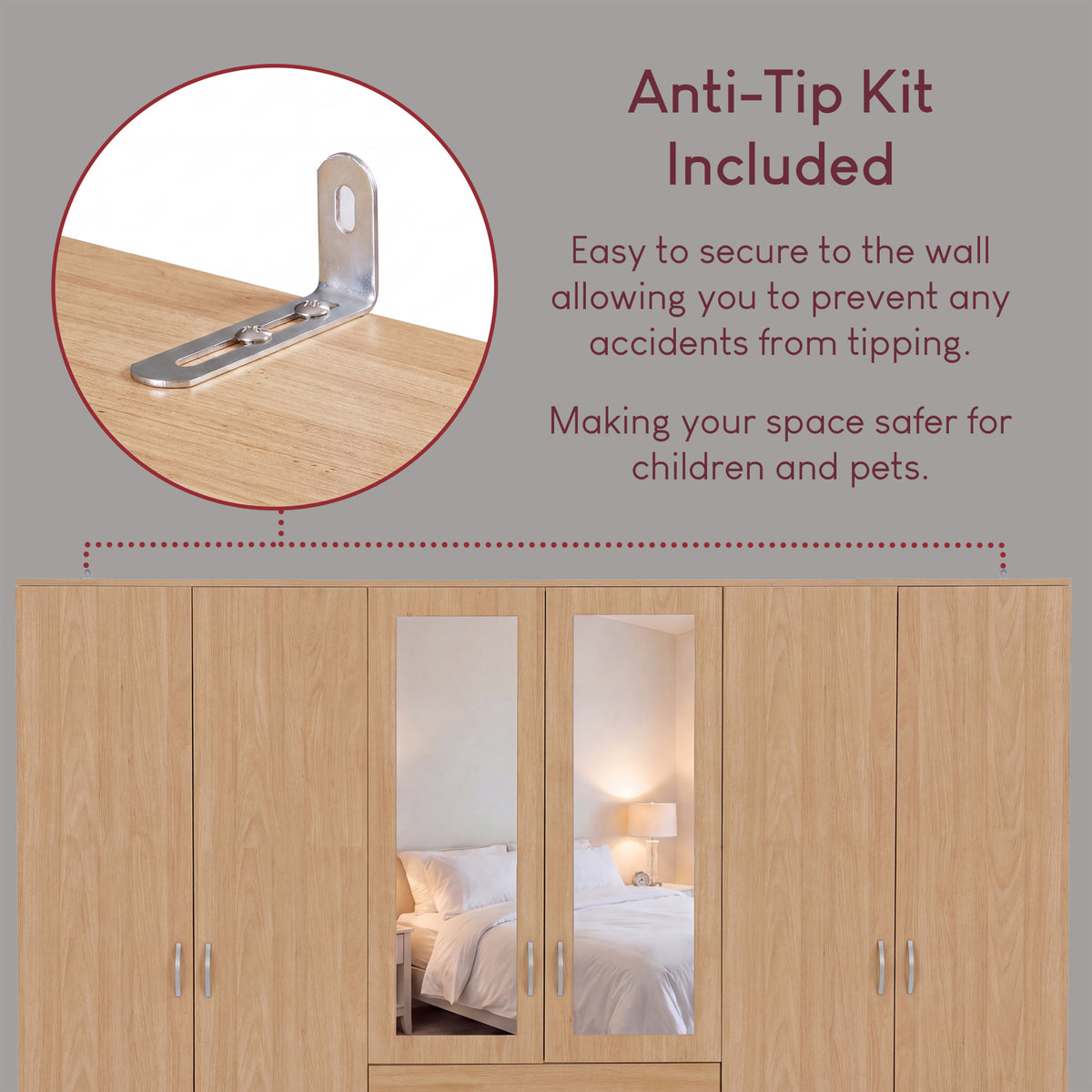 Riano 6 Door 3 Drawer Mirrored Wardrobe, Pine