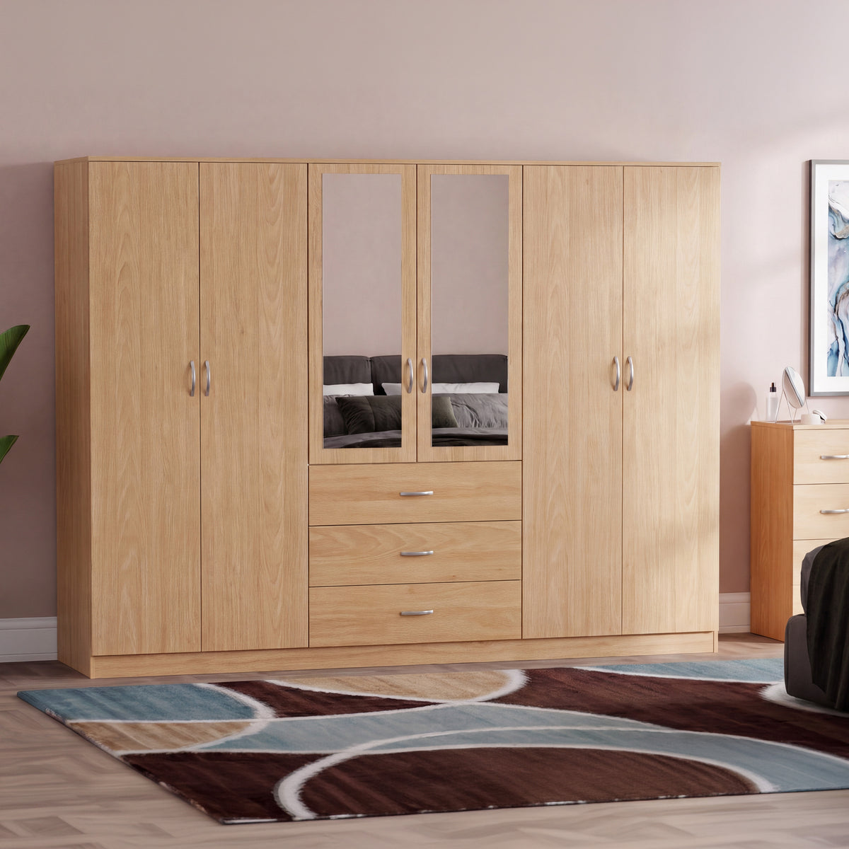 Riano 6 Door 3 Drawer Mirrored Wardrobe, Pine