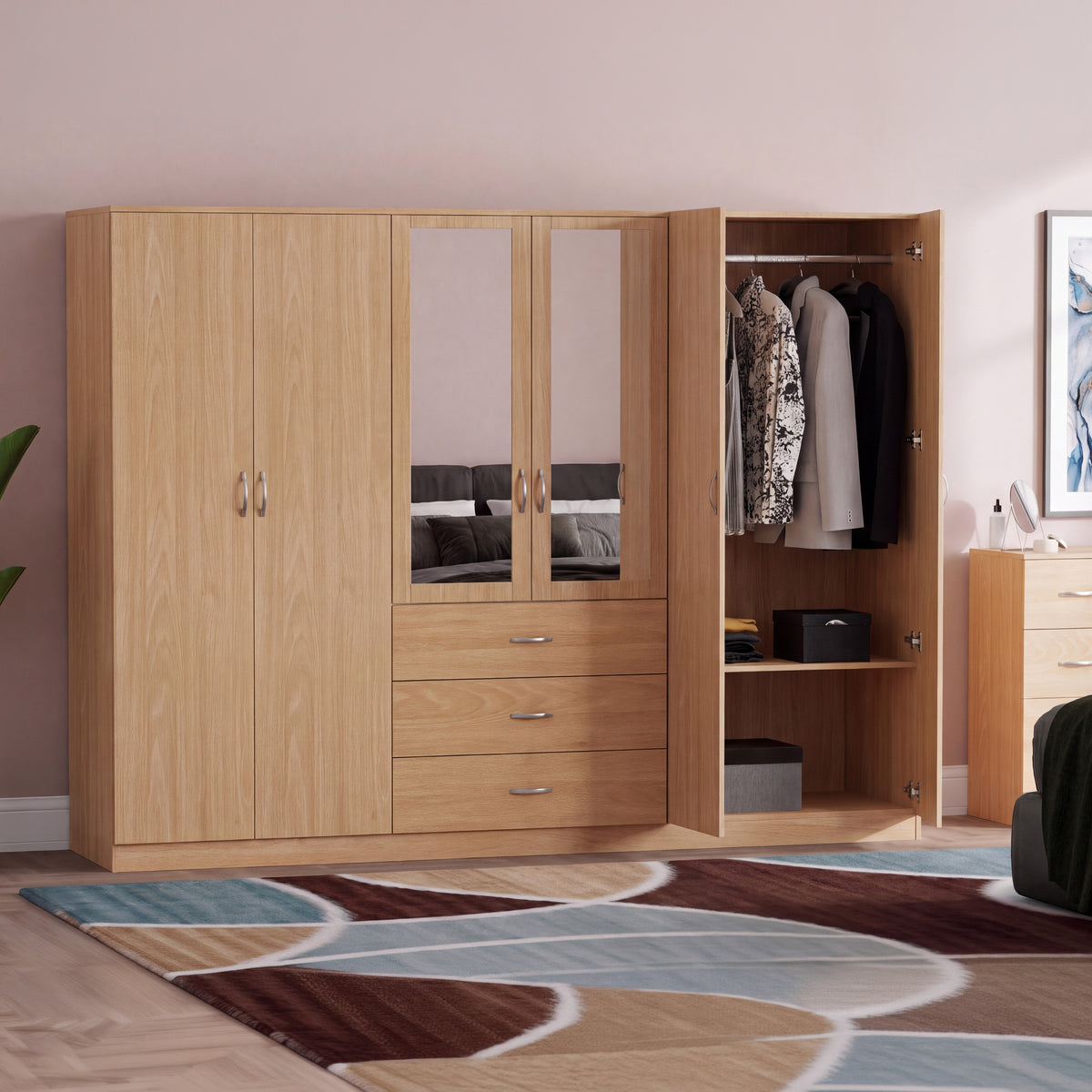 Riano 6 Door 3 Drawer Mirrored Wardrobe, Pine