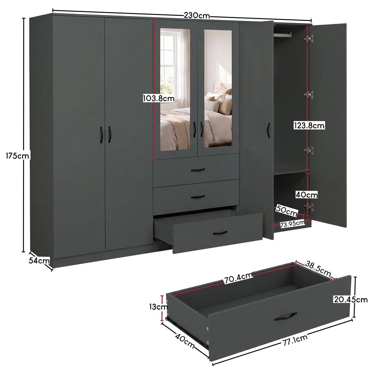 Riano 6 Door 3 Drawer Mirrored Wardrobe, Green
