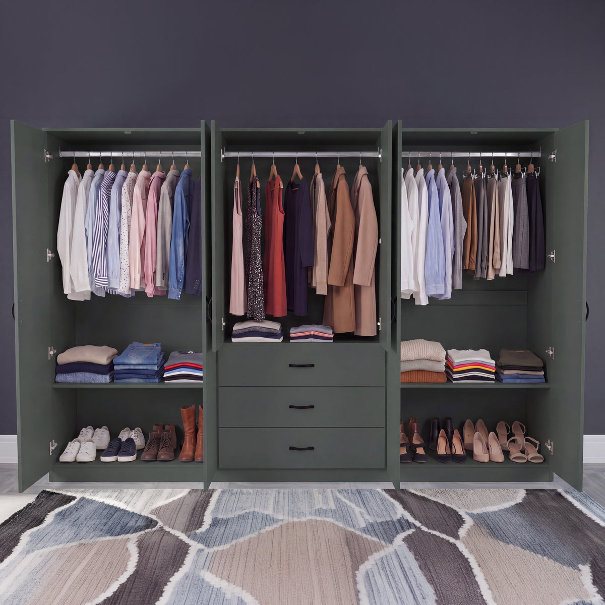 Riano 6 Door 3 Drawer Mirrored Wardrobe, Green