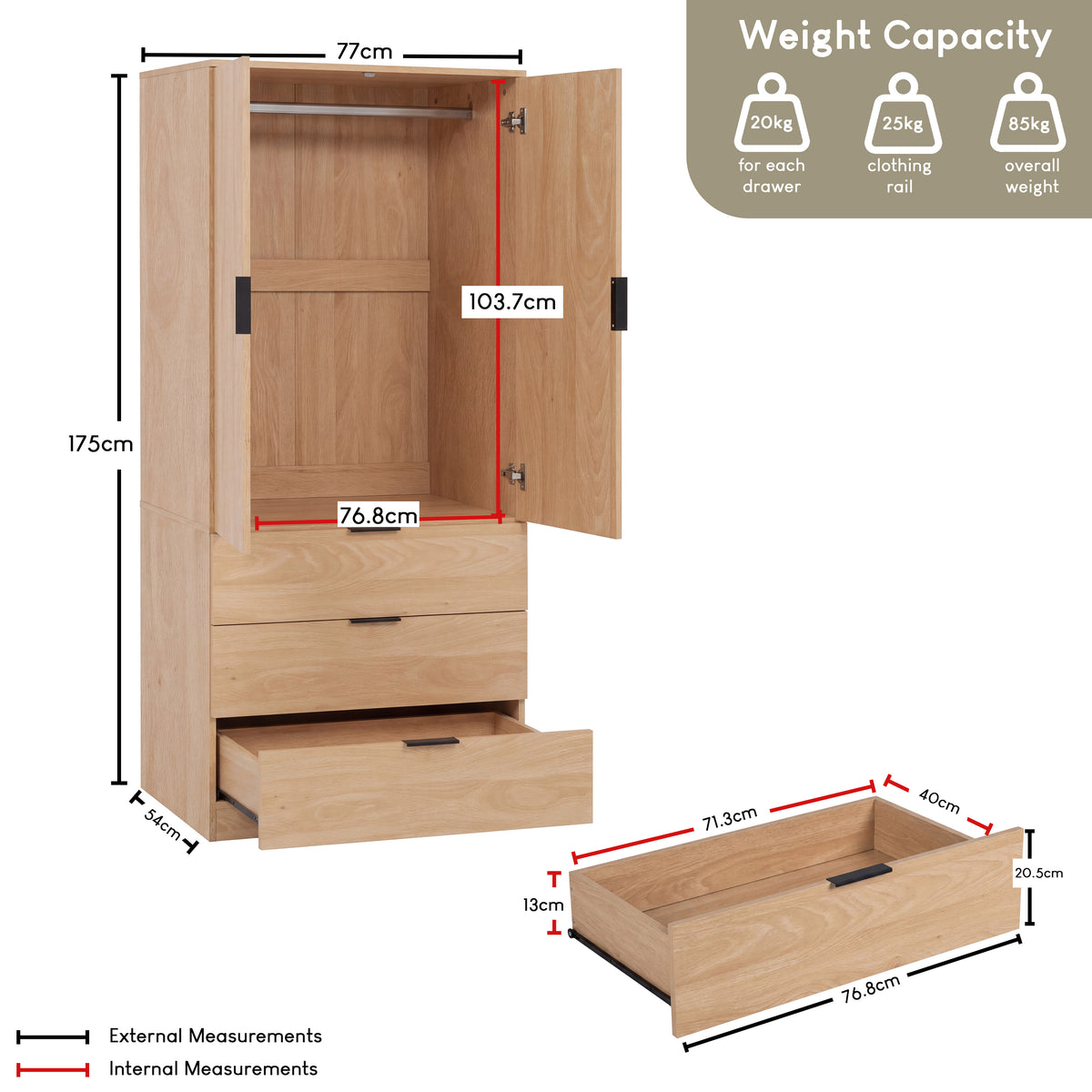 Trega 2 Door 3 Drawer Wardrobe, Pine