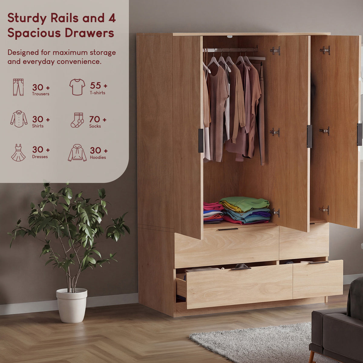 Trega 3 Door 4 Drawer Wardrobe, Pine