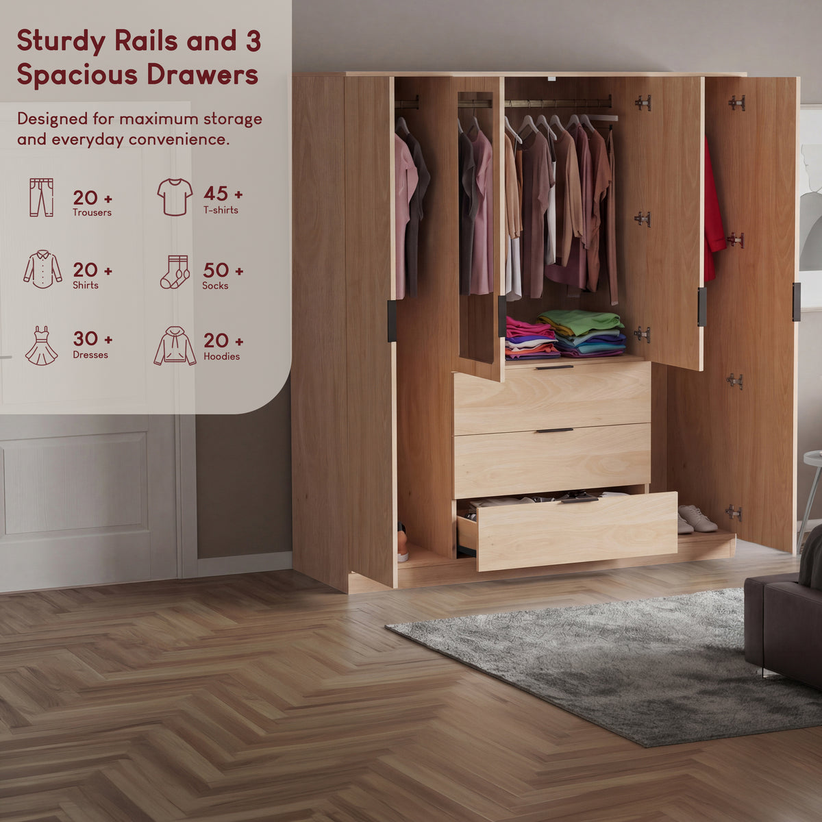 Trega 4 Door 3 Drawer Mirrored Wardrobe, Pine
