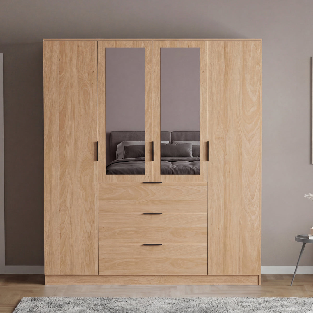 Trega 4 Door 3 Drawer Mirrored Wardrobe, Pine
