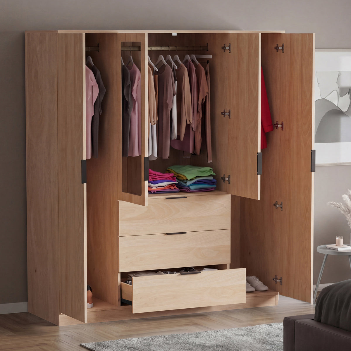 Trega 4 Door 3 Drawer Mirrored Wardrobe, Pine