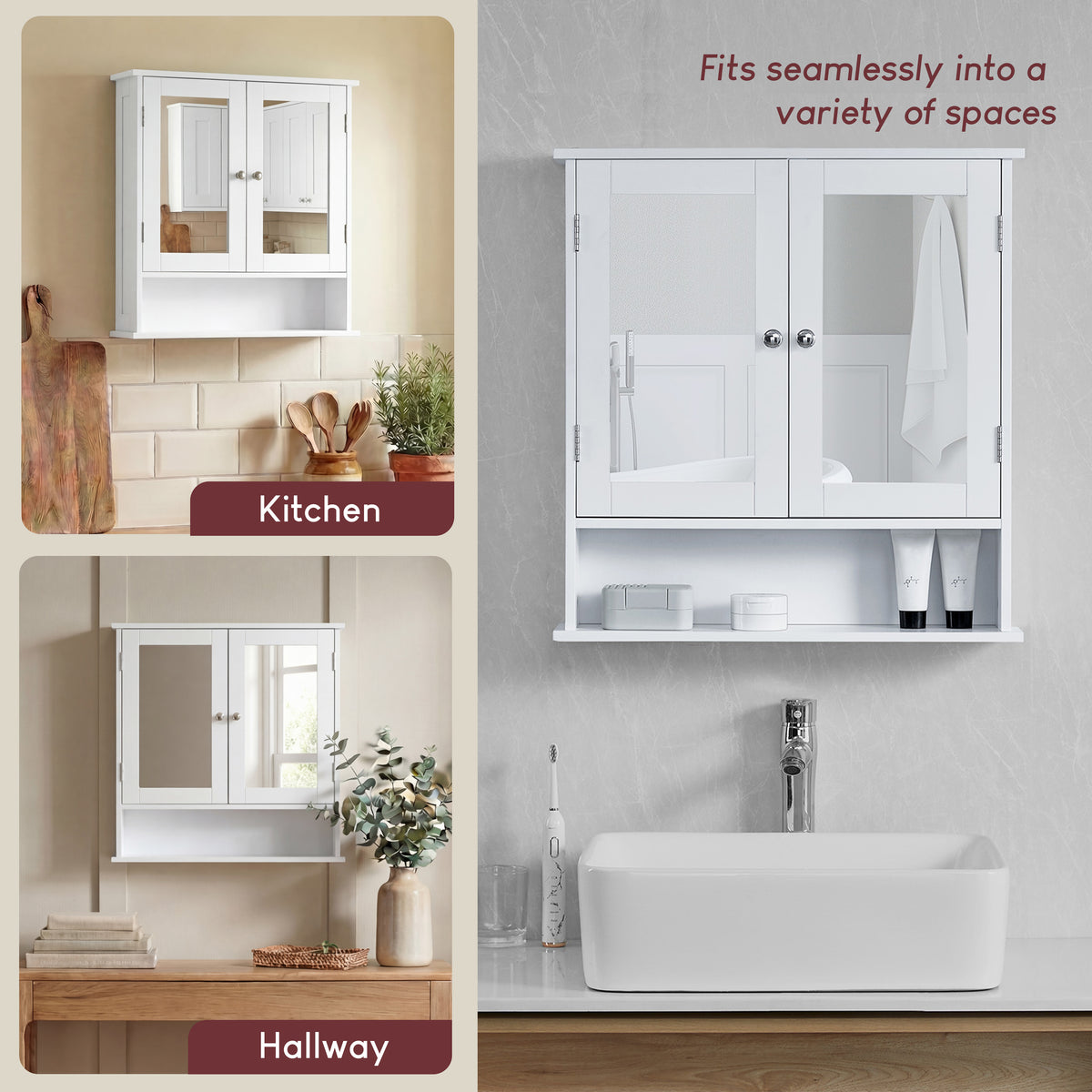 Priano 2-Door Mirrored Wall Cabinet With Shelf, White