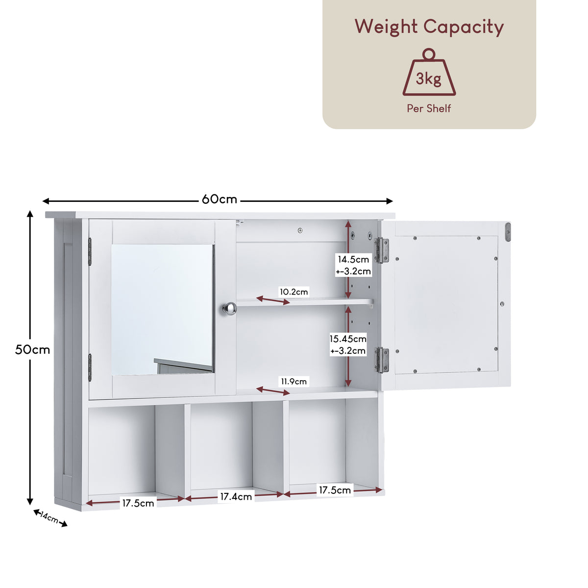 Priano 2-Door Mirrored Wall Cabinet With 3 Compartments - White
