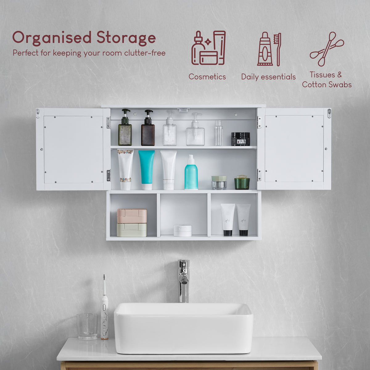 Priano 2-Door Mirrored Wall Cabinet With 3 Compartments - White