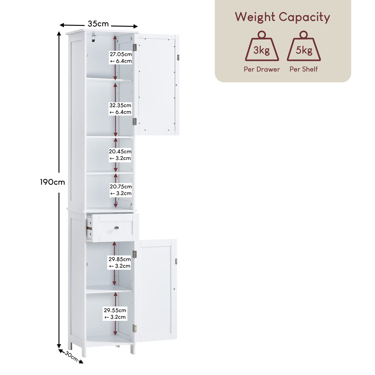 Priano 2-Door 1-Drawer Tall Cabinet With Mirror - White