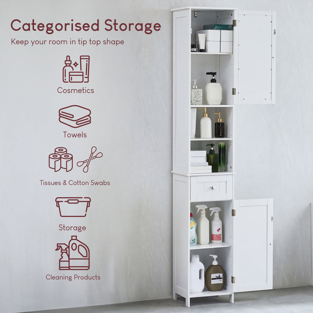 Priano 2-Door 1-Drawer Tall Cabinet With Mirror - White