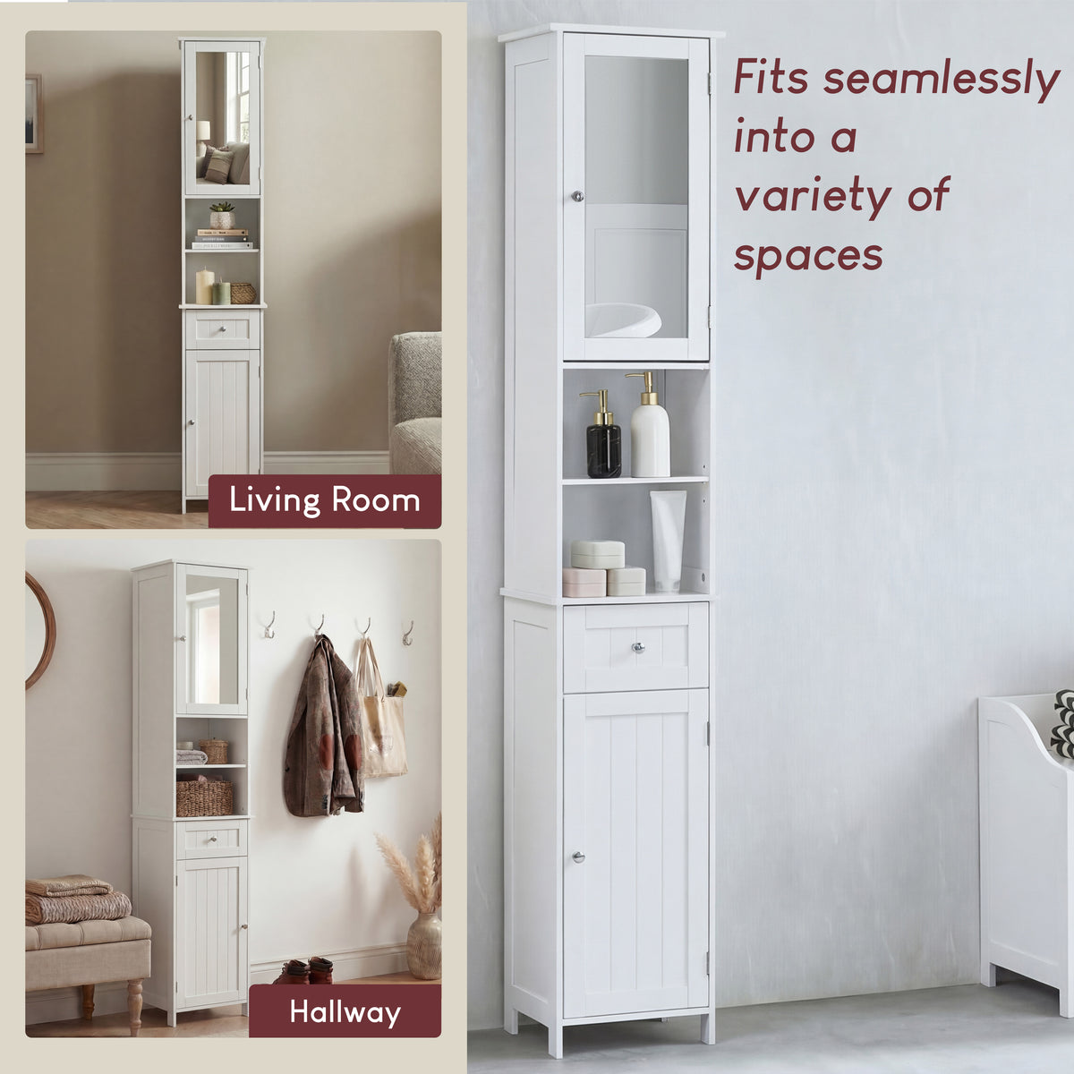 Priano 2-Door 1-Drawer Tall Cabinet With Mirror - White