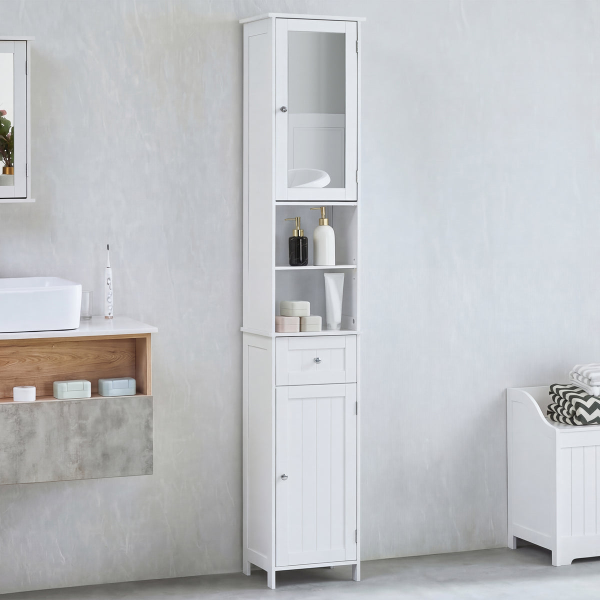 Priano 2-Door 1-Drawer Tall Cabinet With Mirror - White