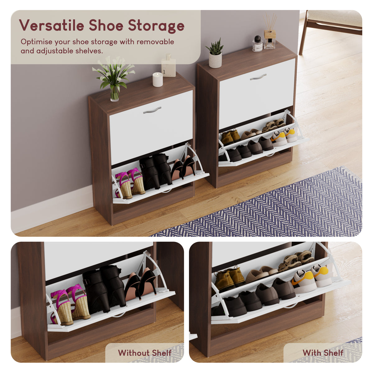 2-Drawer Shoe Cabinet, Walnut & White