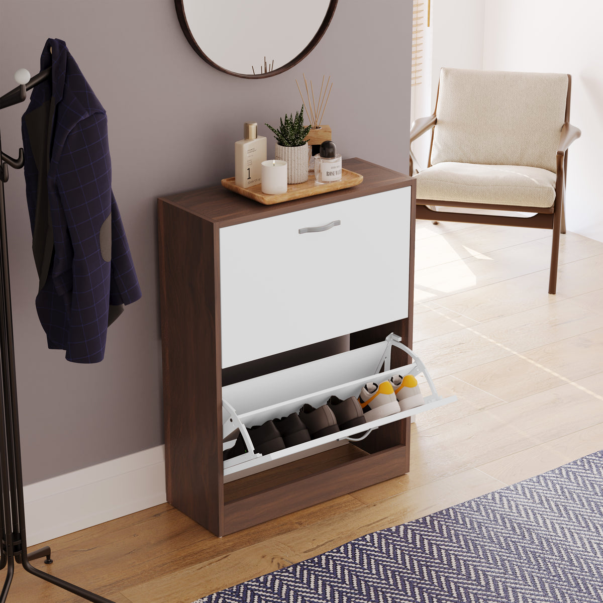 2-Drawer Shoe Cabinet, Walnut & White